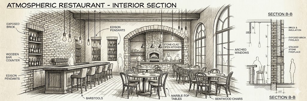 Restoran ve Kafe Kaplama — Kültür Tuğlası İç Mekan Atmosfer